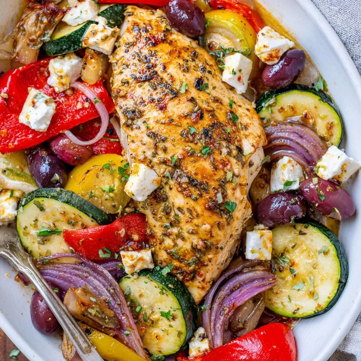 Sheet Pan Mediterranean Chicken Zucchini roasted golden with lemon, olives, and feta.