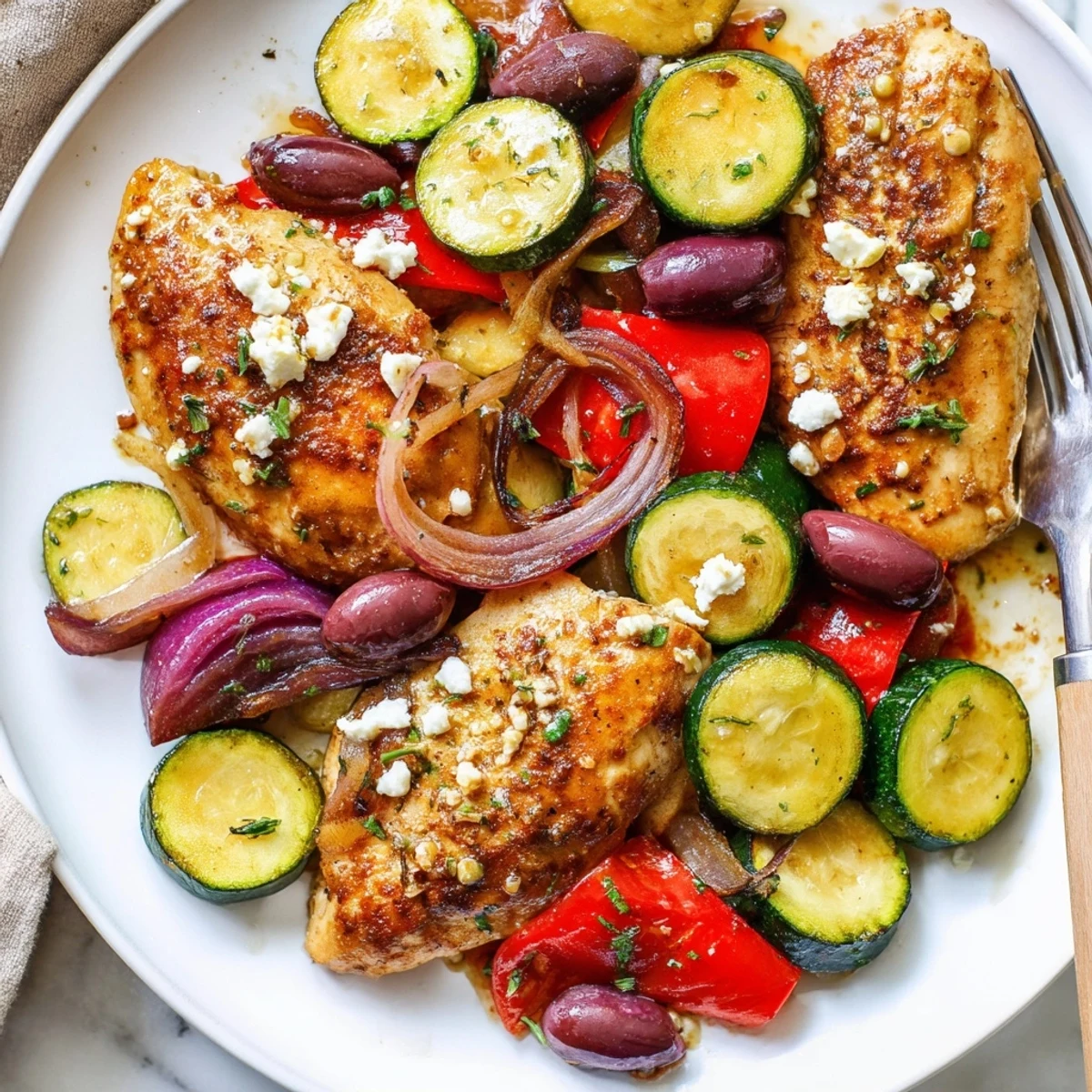 Weeknight Sheet Pan Mediterranean Chicken Zucchini served hot with parsley and pan juices.