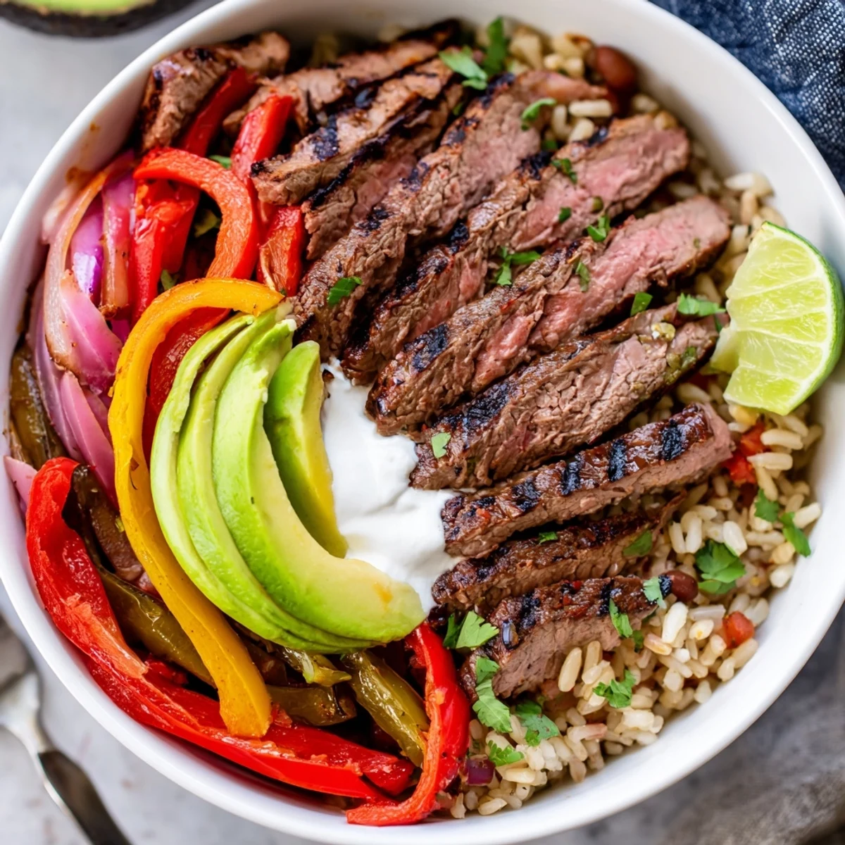 Steak Fajita Power Bowls with sizzling marinated steak, colorful peppers, lime wedge