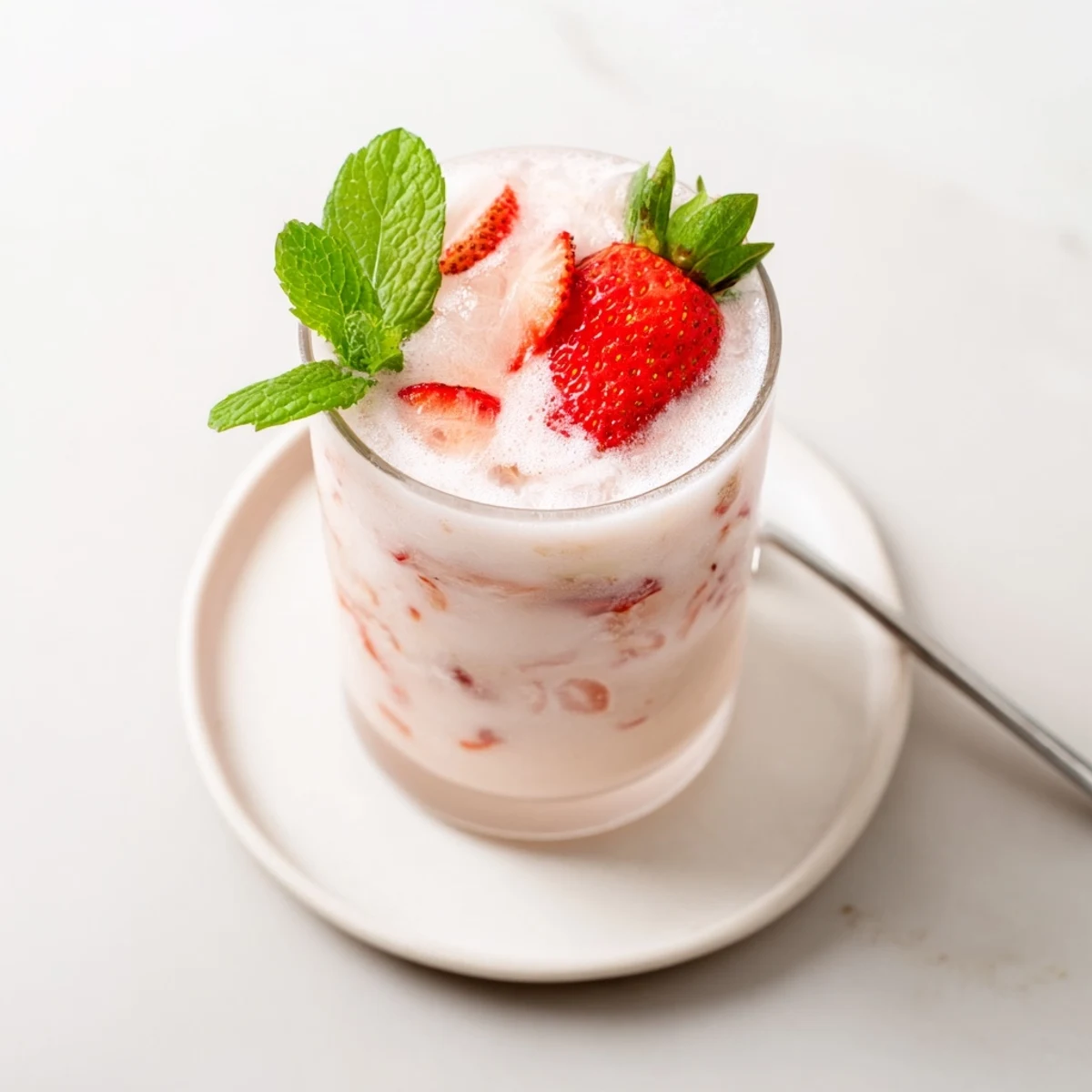 Chilled Strawberry Coconut Cooler Recipe in frosty glasses, garnished with mint.