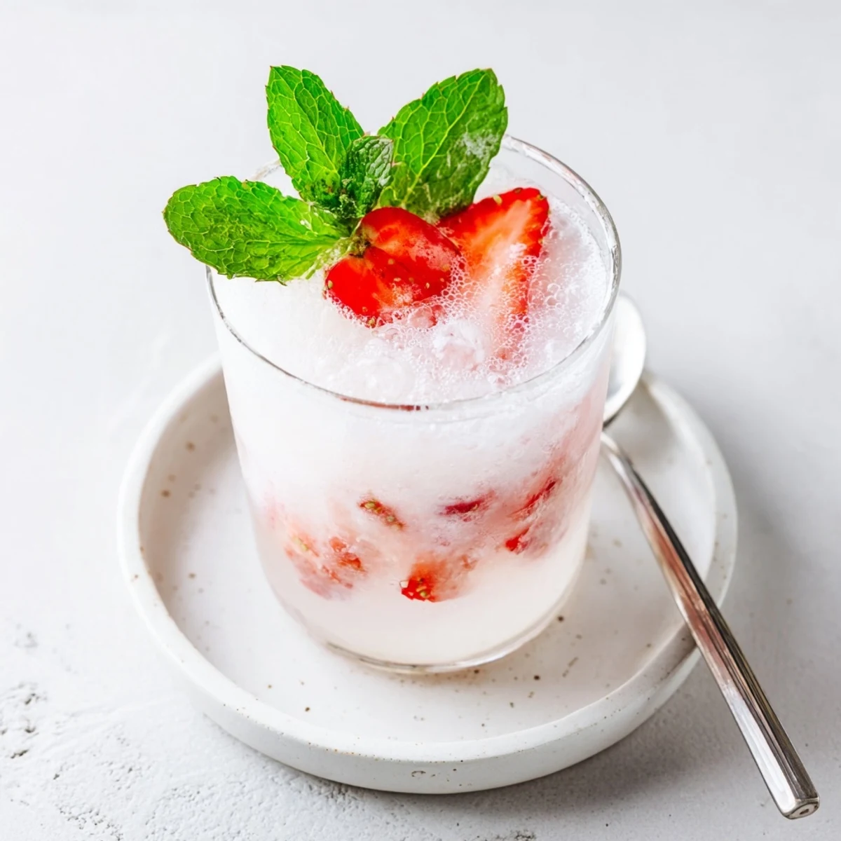 Vibrant Strawberry Coconut Cooler Recipe blended until creamy, served with strawberry slices.
