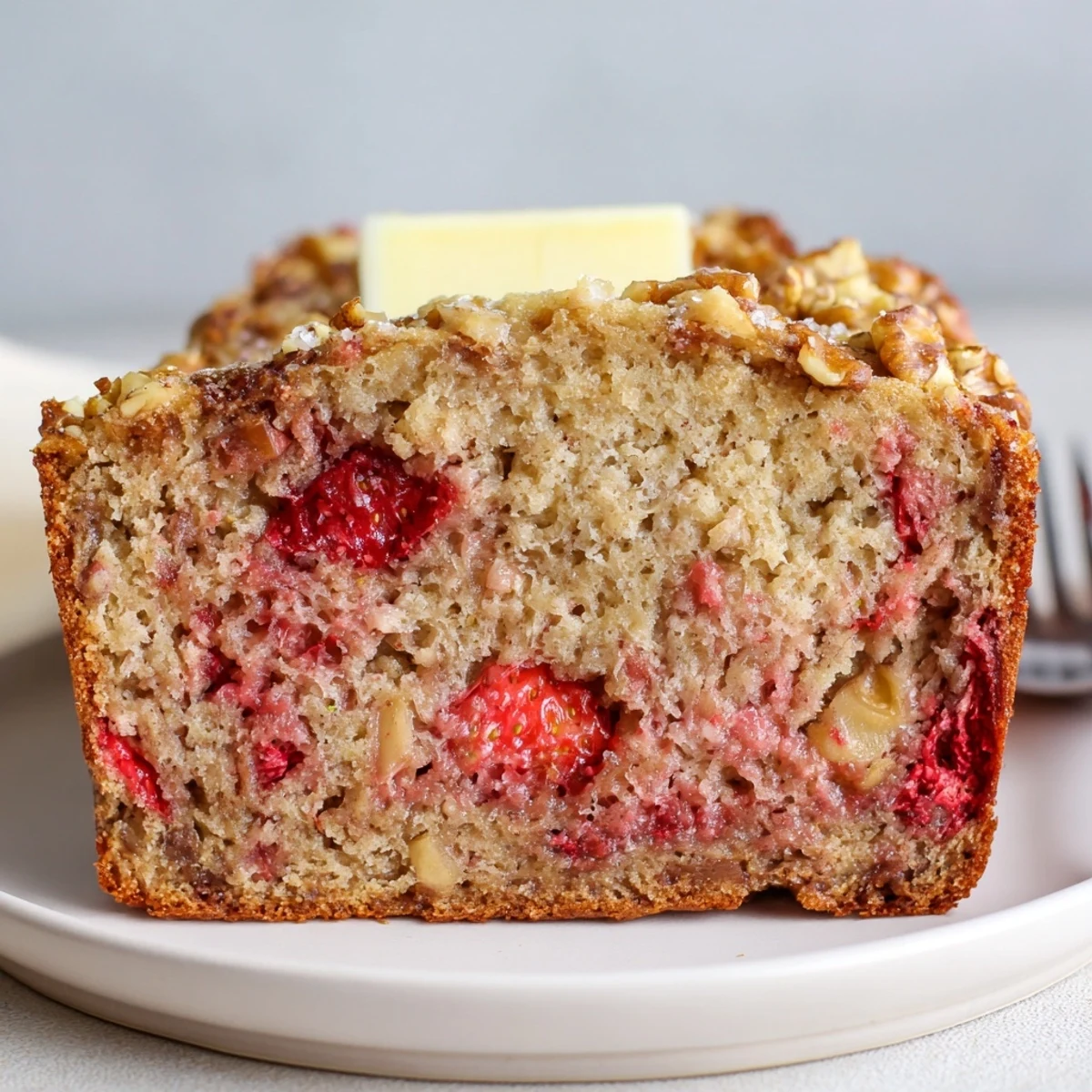 Strawberry Banana Bread Recipe showing a warm, moist loaf sliced with butter.
