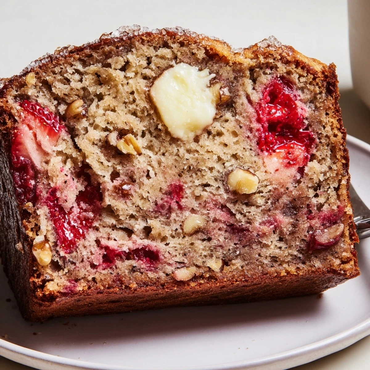 Strawberry Banana Bread Recipe on a cooling rack, speckled with fresh strawberries.