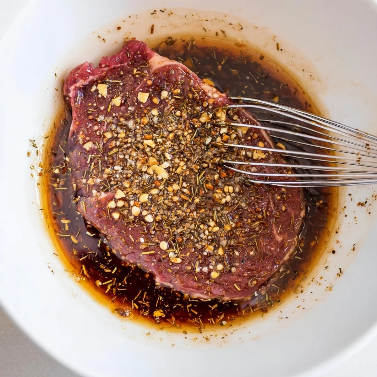 Steak Marinade glistening on raw ribeye, garlic and rosemary scent evident