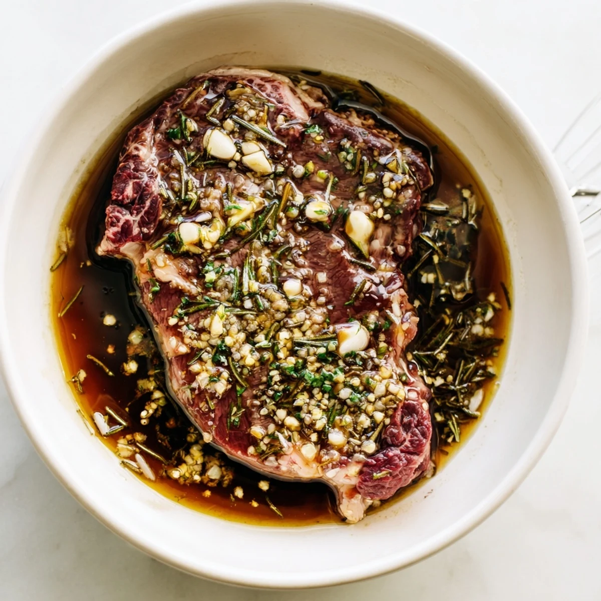 Homemade Steak Marinade poured over steaks before grilling, tangy balsamic aroma