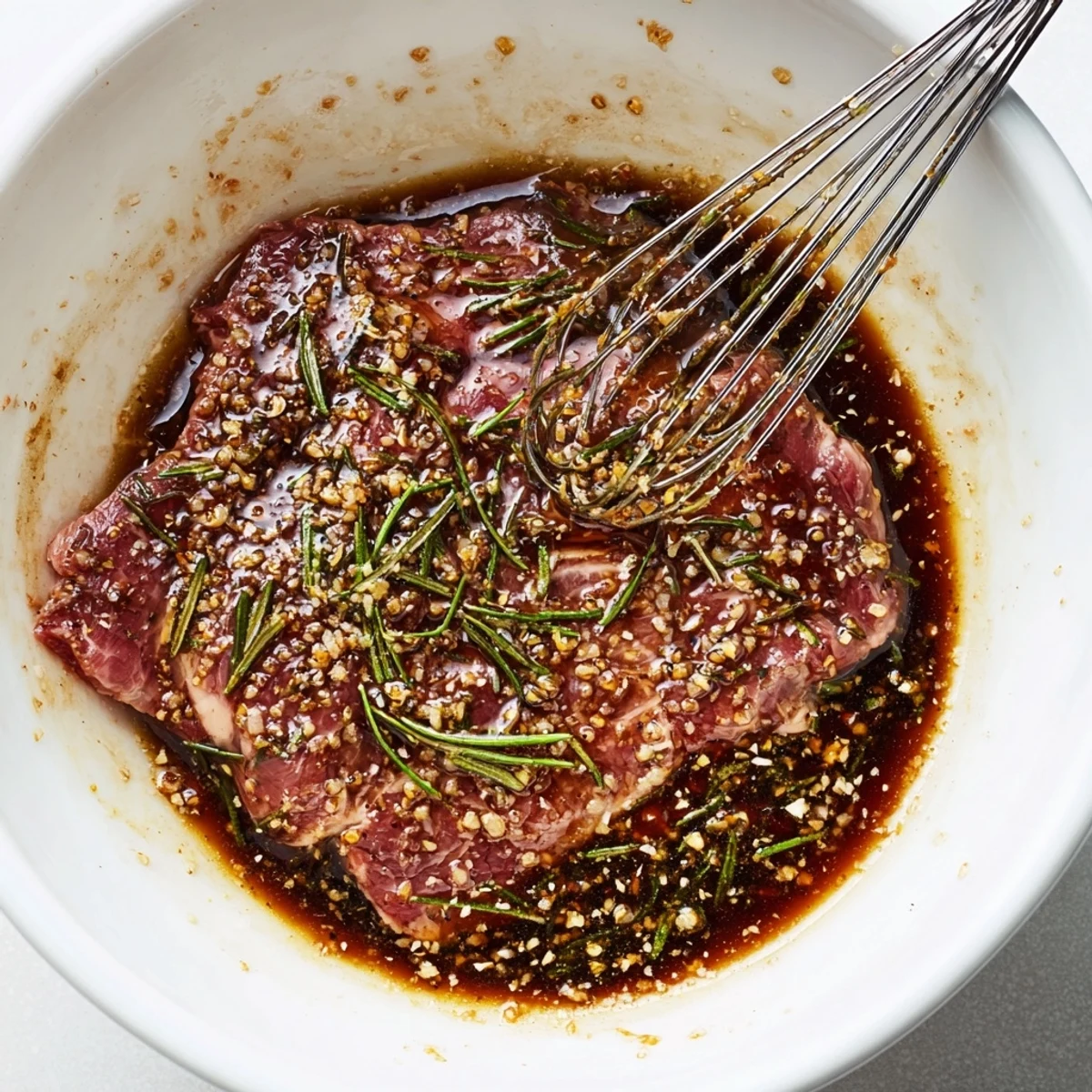 Steak Marinade brushed onto seared flank, caramelized edges, ready to slice