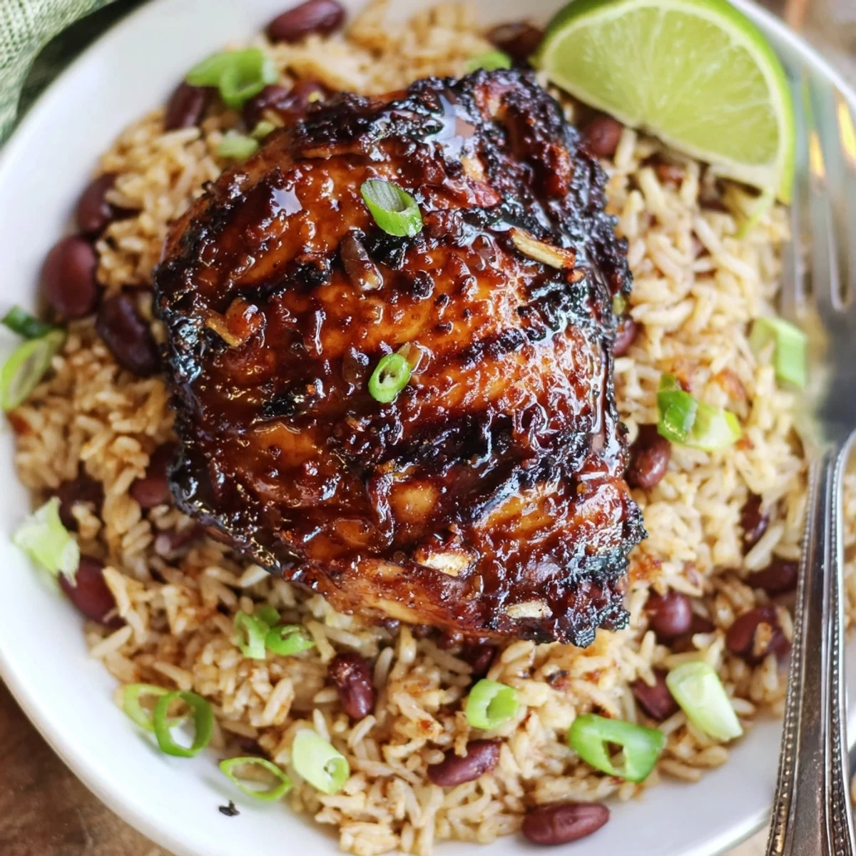 Caribbean Jerk Chicken And Rice: juicy seared thighs over fragrant coconut rice