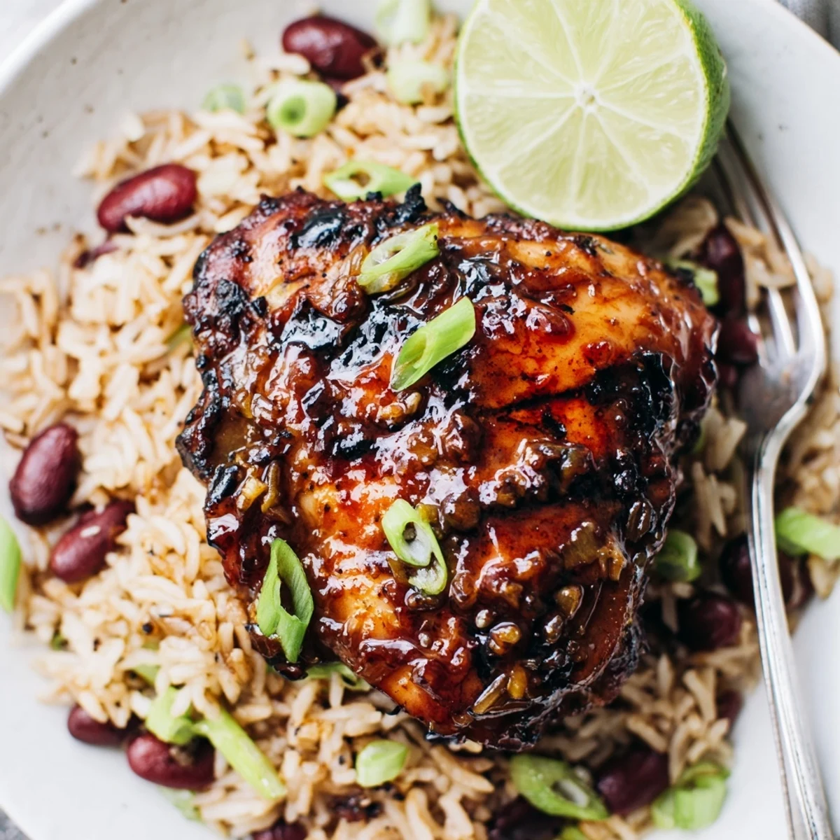 Warm Caribbean Jerk Chicken And Rice served with lime wedges and plantains