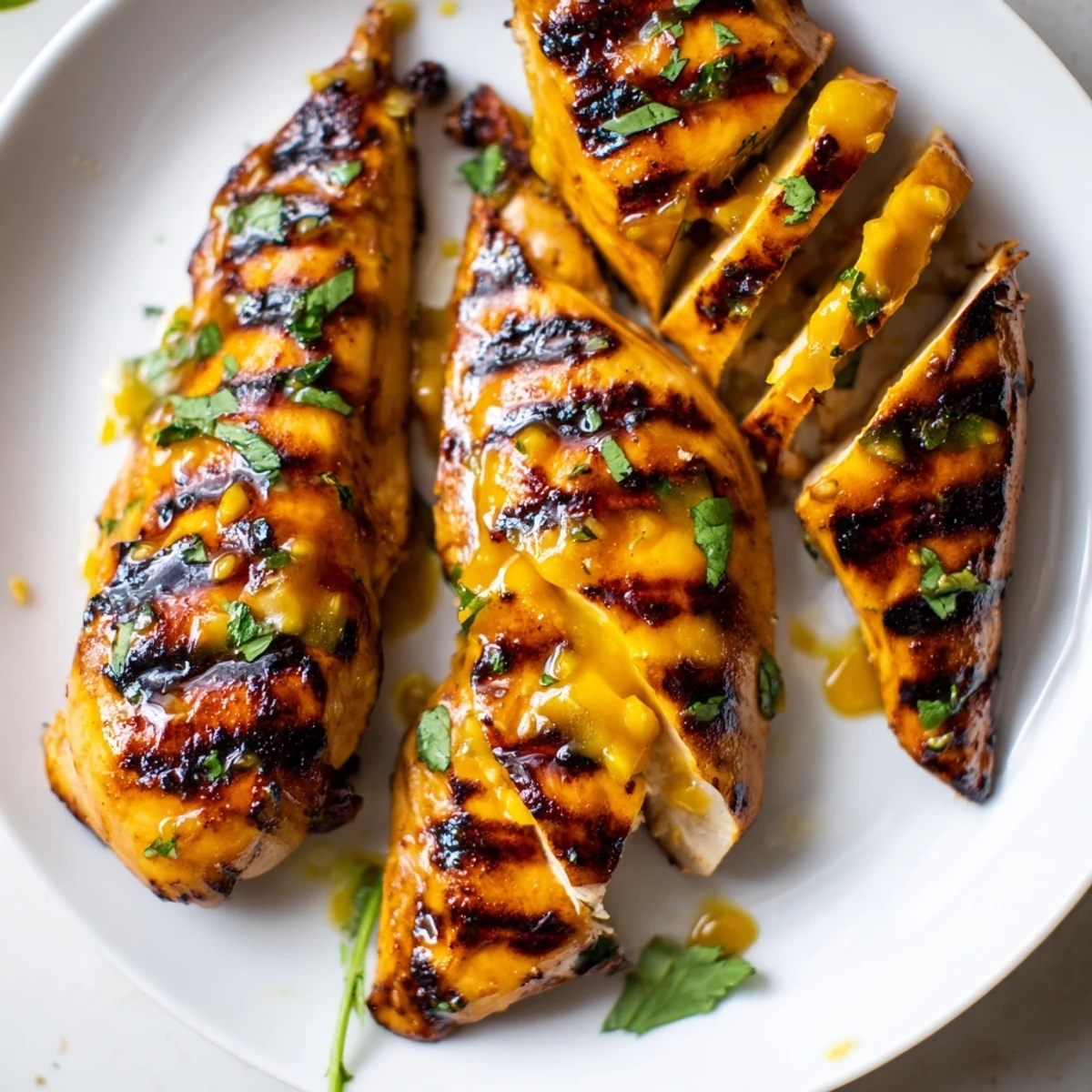 Grilled Mango Lime Chicken glistening with char marks, garnished with cilantro, lime.  