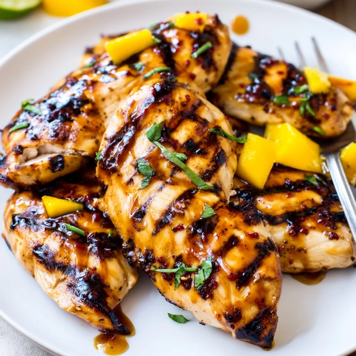 Sliced Grilled Mango Lime Chicken juicy and smoky, lime wedges for squeezing.