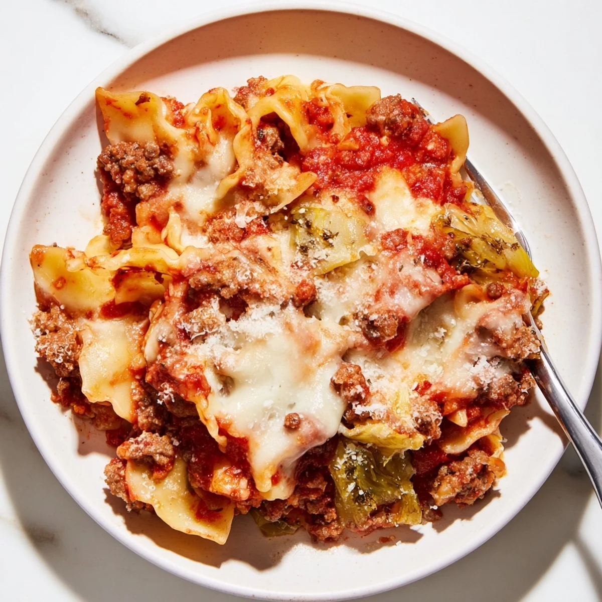 Hearty Cabbage Roll Pasta Bake With Tomato Sauce Beef Recipe with bubbly golden cheese