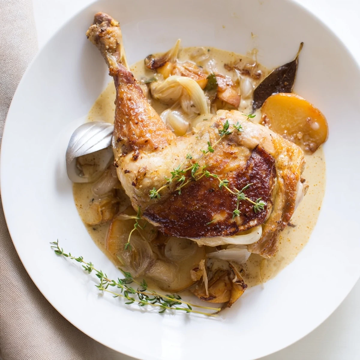 Golden-browned chicken in French Chicken Casserole à la Normande with apples.