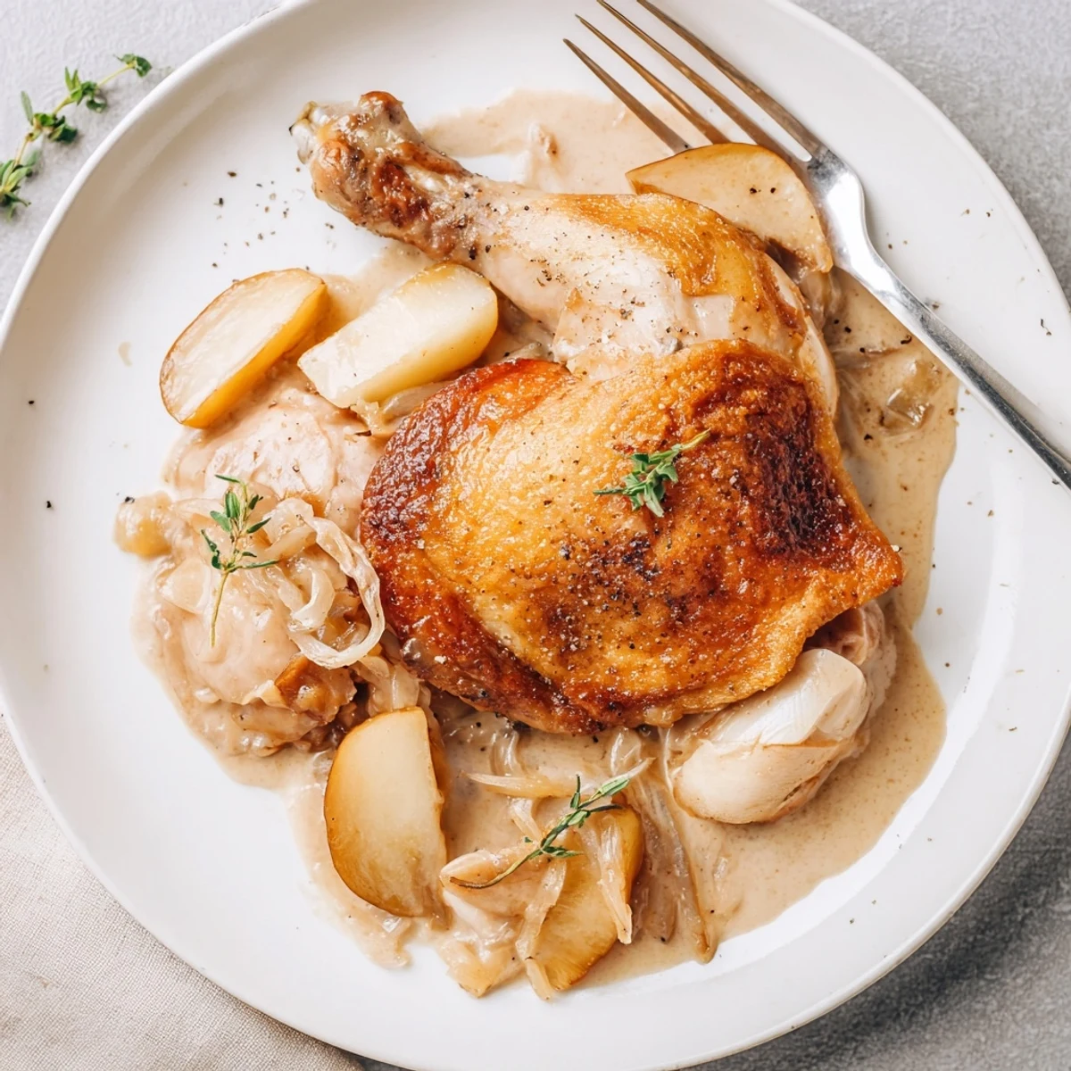 Creamy cider sauce surrounding tender chicken in French Chicken Casserole à la Normande.