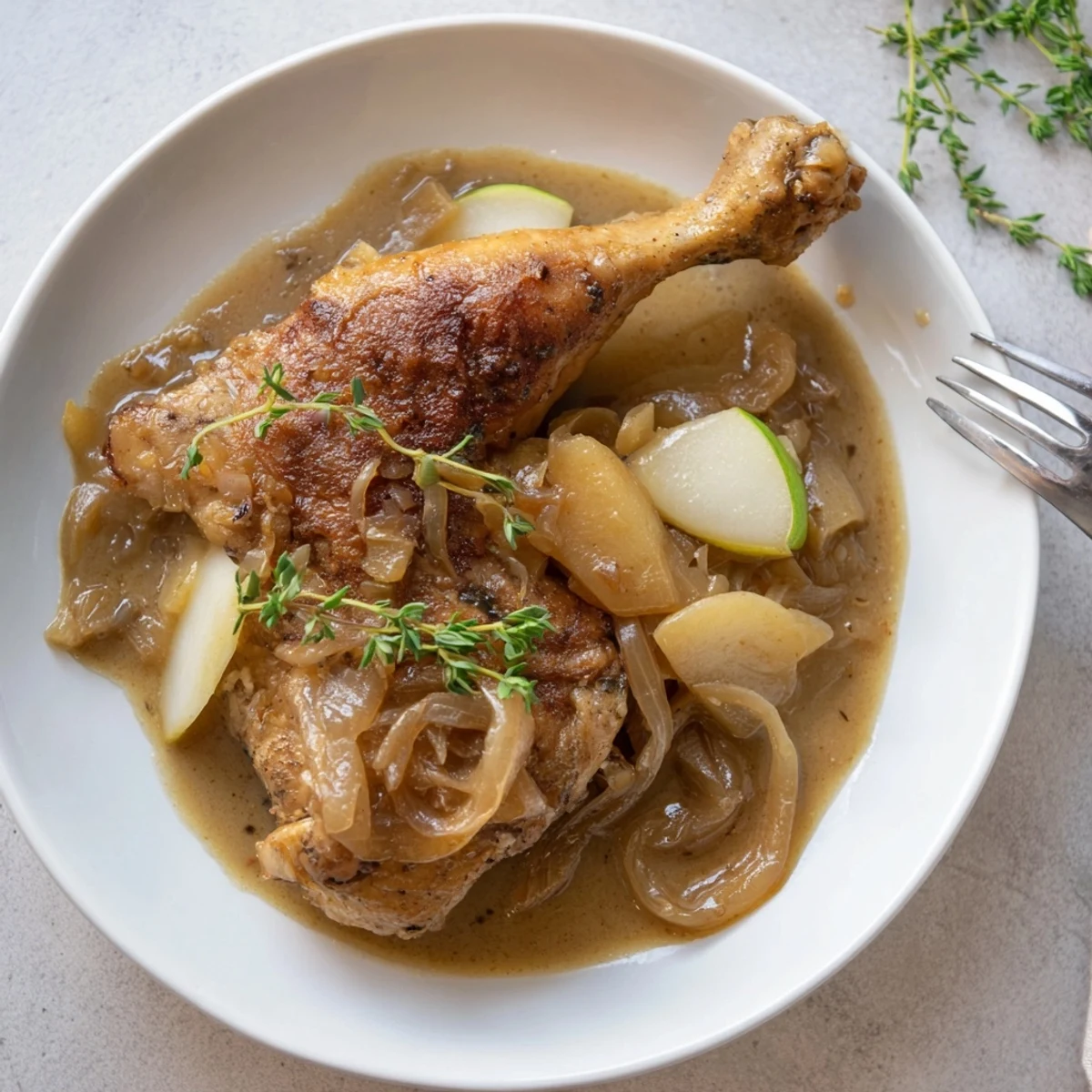 Steaming French Chicken Casserole à la Normande garnished with thyme, ideal with mashed potatoes.