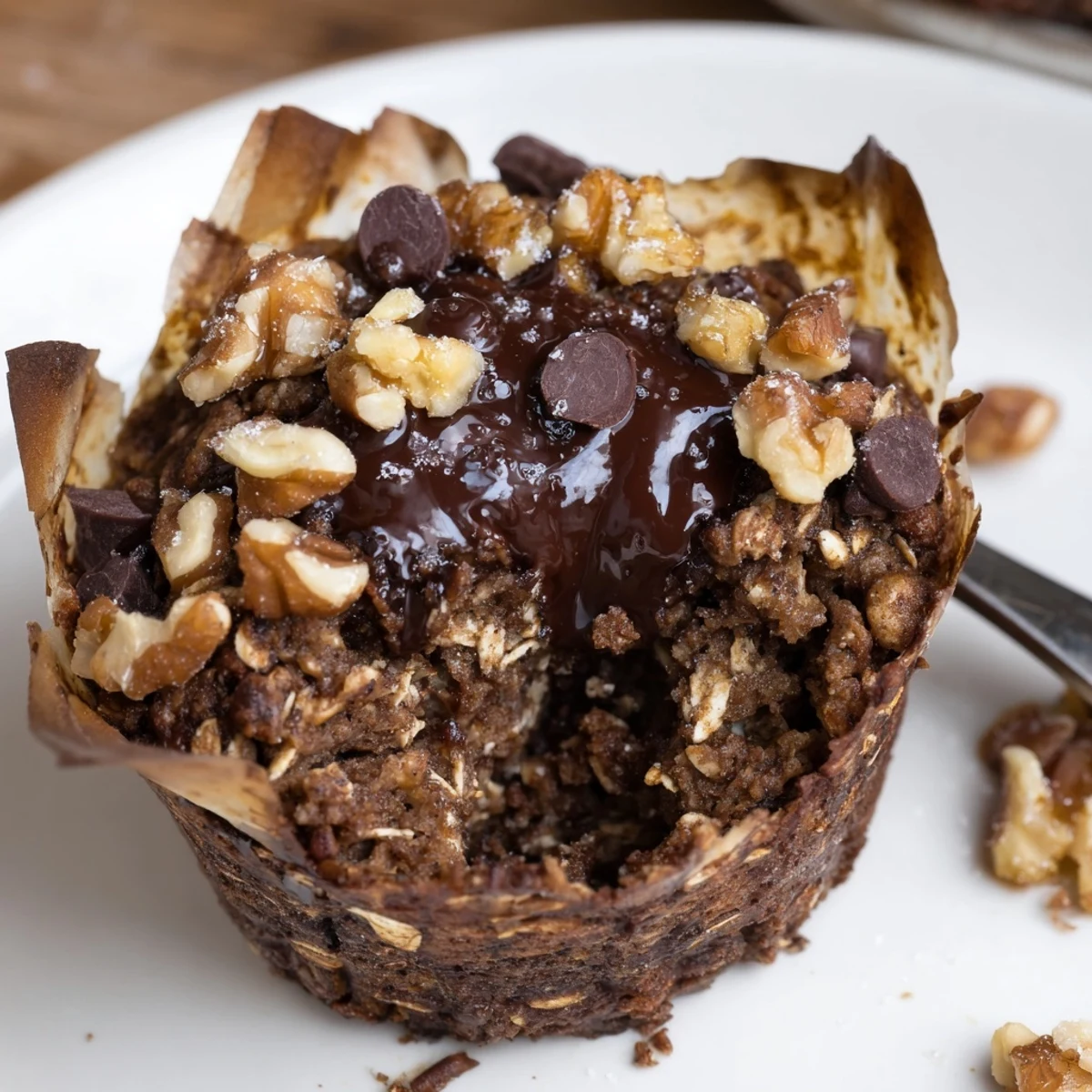 A stack of Decadent Dark Chocolate Oatmeal Cups sprinkled with flaky sea salt.