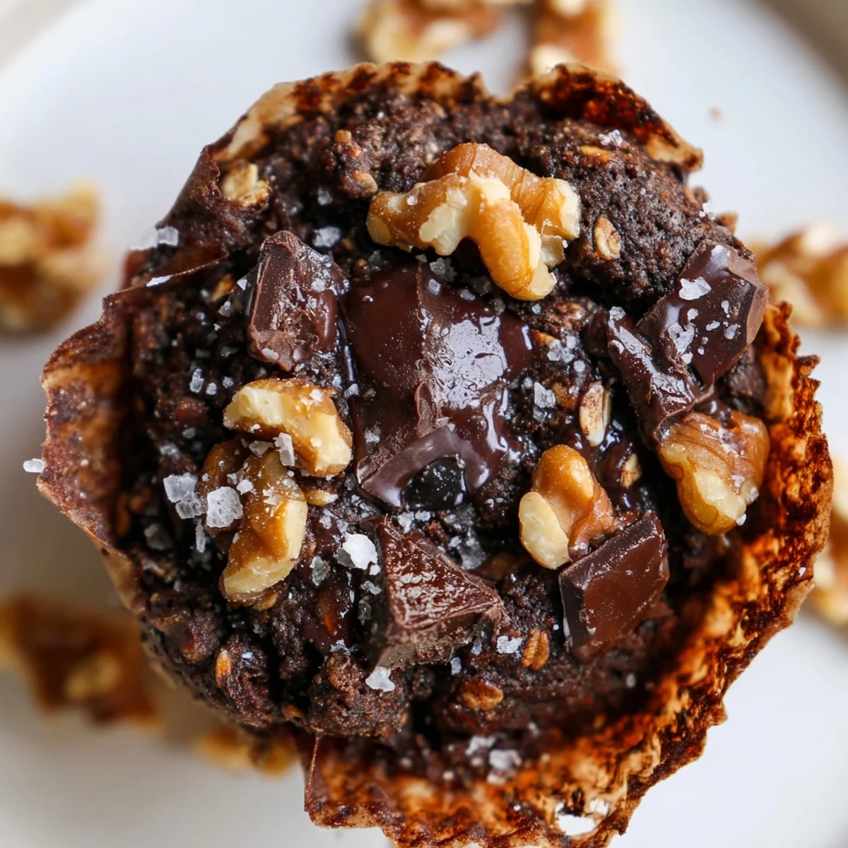 Warm Decadent Dark Chocolate Oatmeal Cups nestled in paper liners, and nutty crunch.