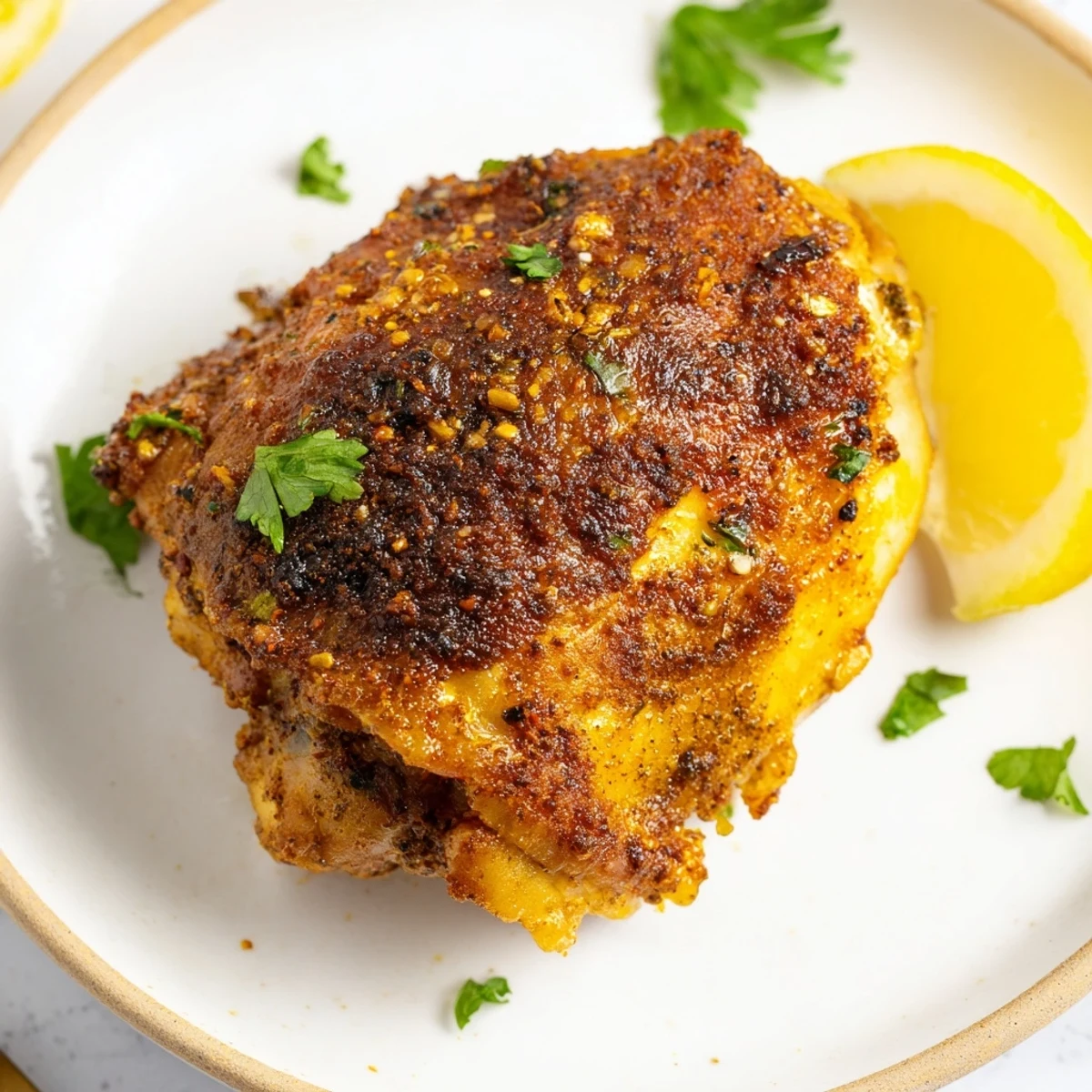 Moroccan Spiced Chicken Thighs roasted to crispy golden skin, garnished with cilantro.