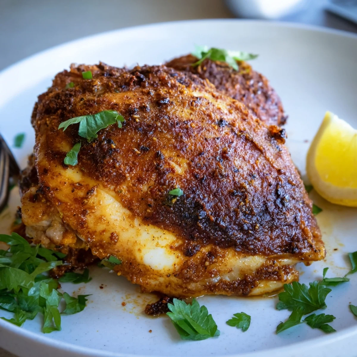 Glistening Moroccan Spiced Chicken Thighs scented with cumin, served with lemon wedges.