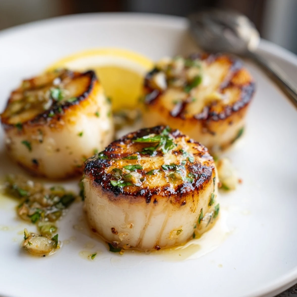 Grilled Scallops Recipe: golden-seared scallops with lemon, herb aroma and charred grill marks