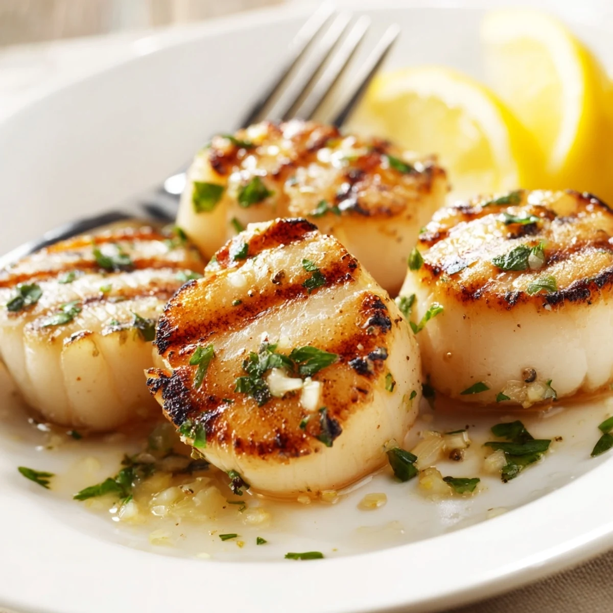 Simple Grilled Scallops Recipe served on platter with lemon wedges and parsley