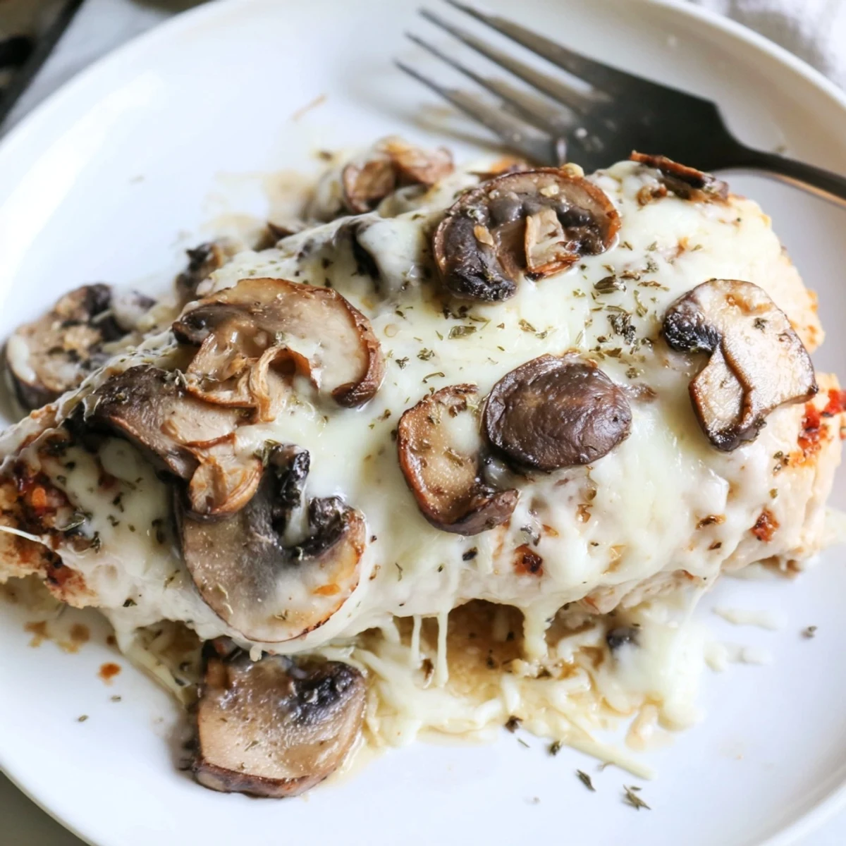 Cheesy Baked Chicken With Mushrooms bubbling golden in a 9x13 baking dish