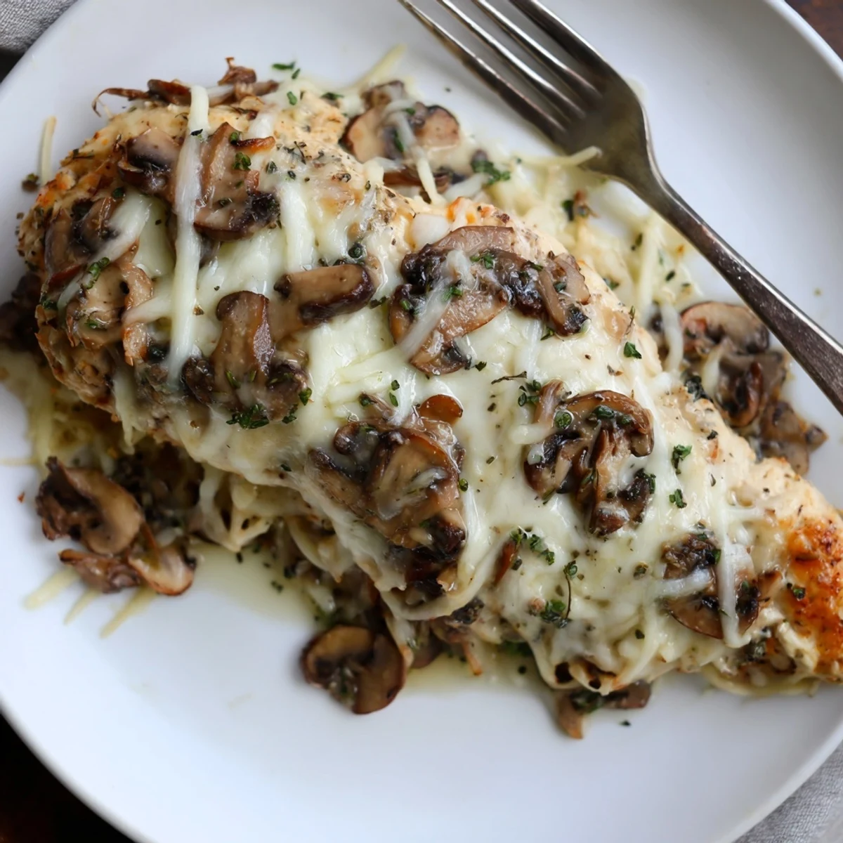 Oven-steamed aroma surrounds Cheesy Baked Chicken With Mushrooms topped with browned cheese