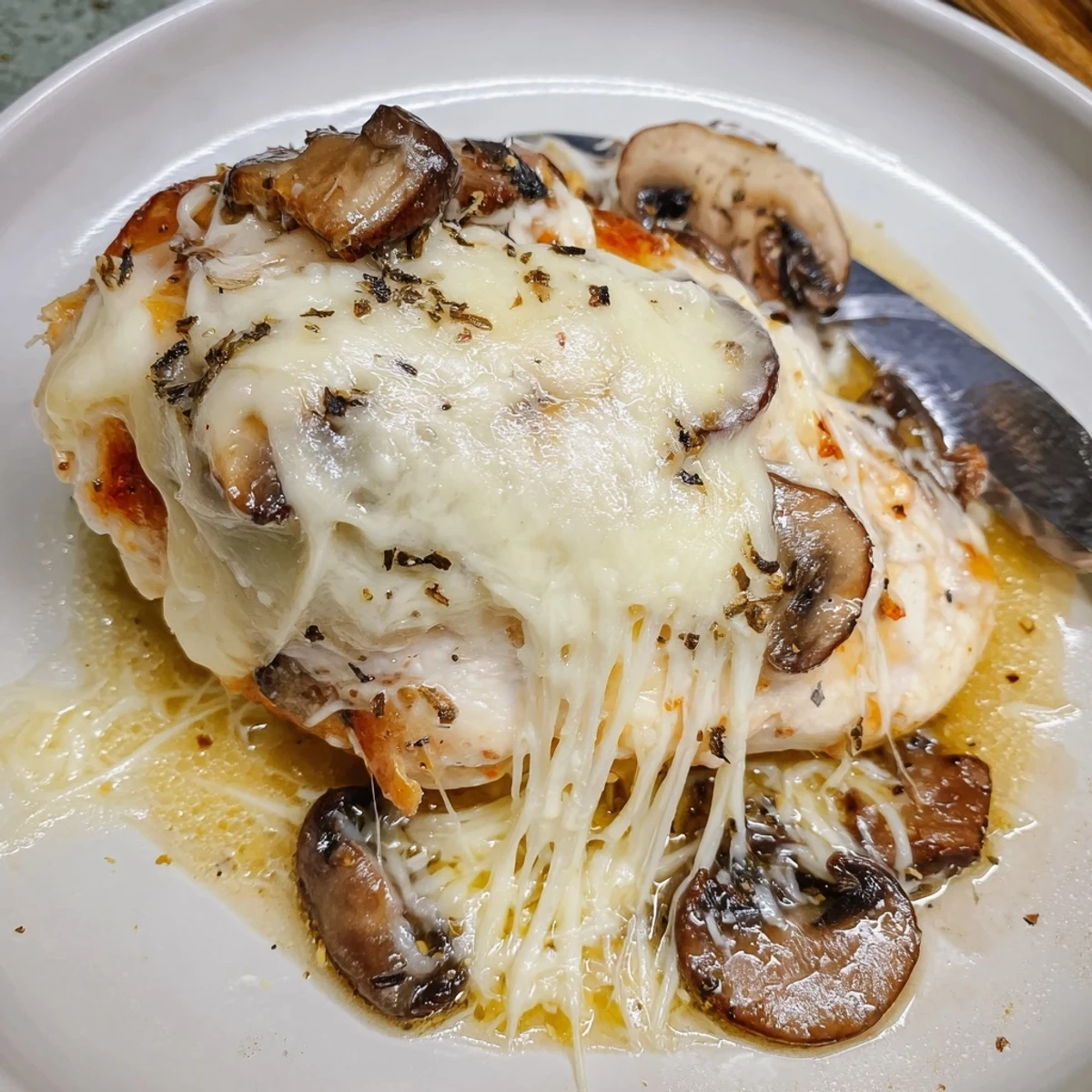 Slices of Cheesy Baked Chicken With Mushrooms resting, served over creamy mashed potatoes