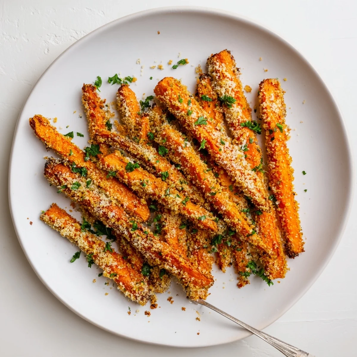 Golden roasted parmesan carrots arranged on a white serving plate with fresh parsley garnish