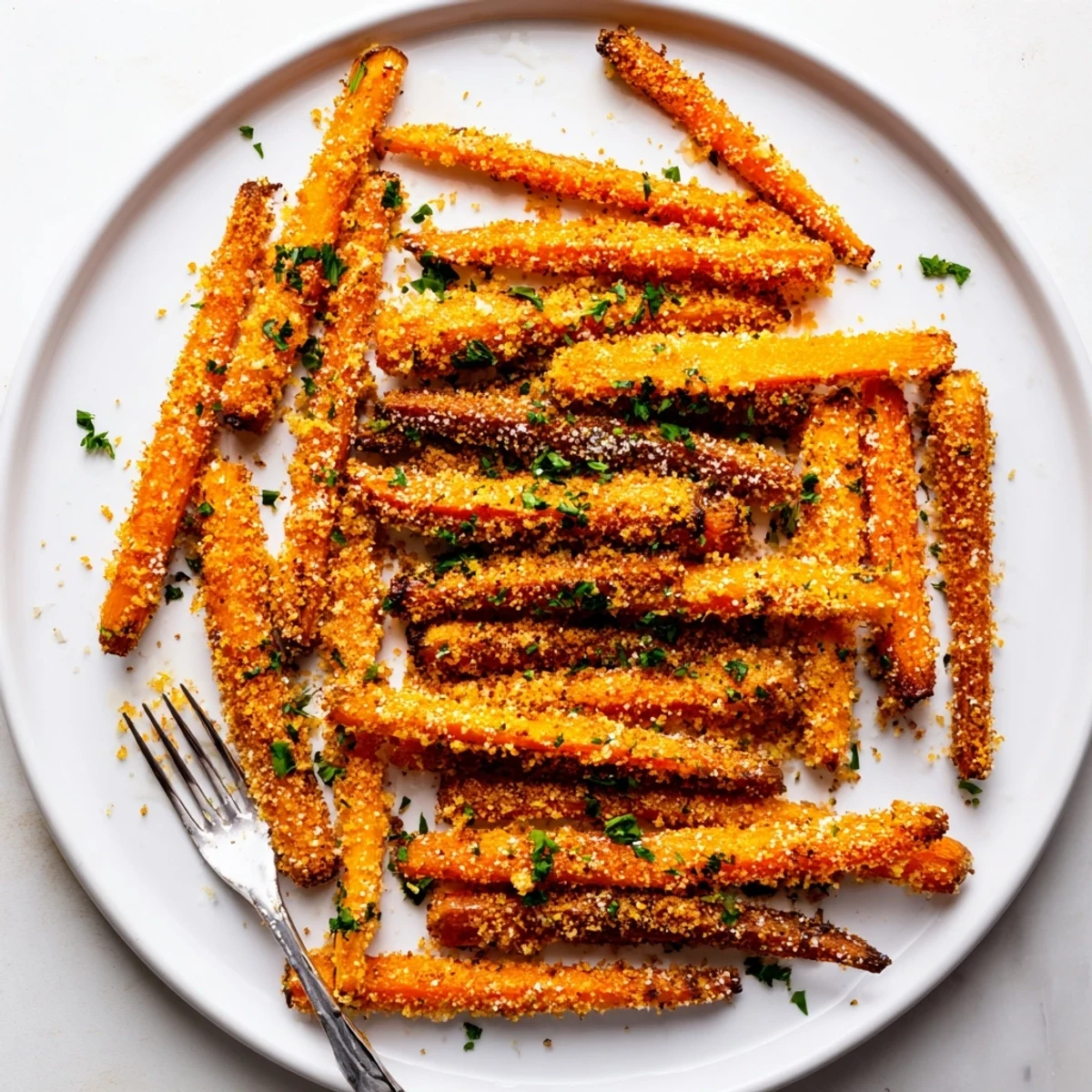 Crispy breadcrumb coated carrot sticks baking until golden brown and perfectly tender inside