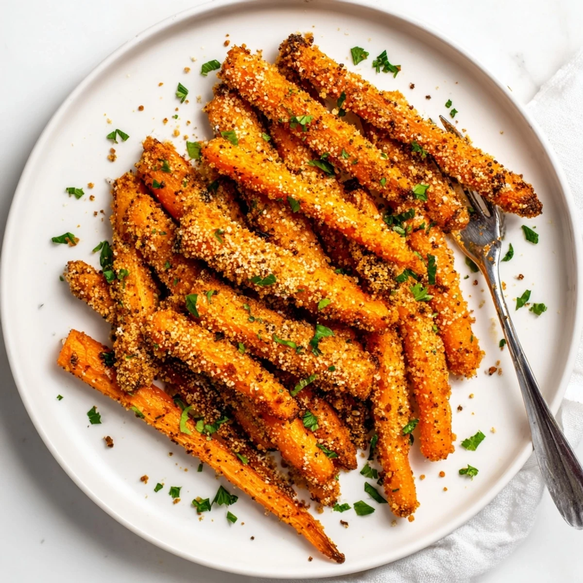 Close up of savory parmesan roasted carrots with crunchy cheese crust on rustic wooden board