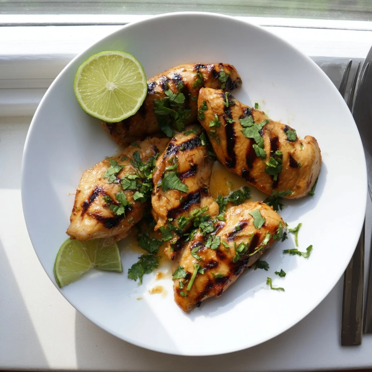 Golden brown Key West grilled chicken with honey lime glaze and fresh cilantro garnish on a white plate