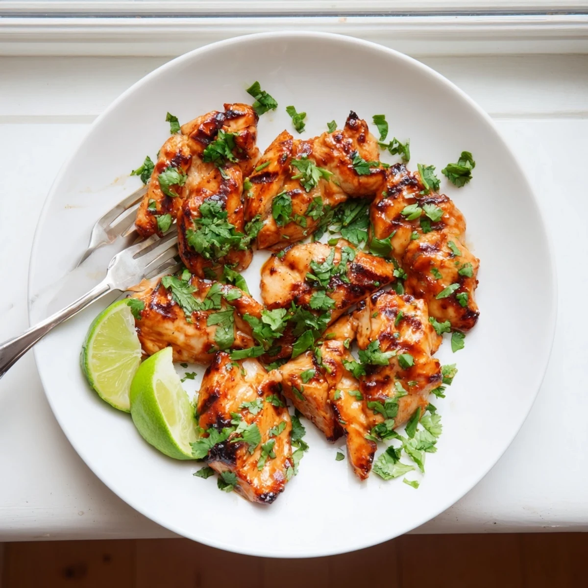 Juicy marinated Key West grilled chicken breast served with lime wedges and herbs on a rustic wooden board