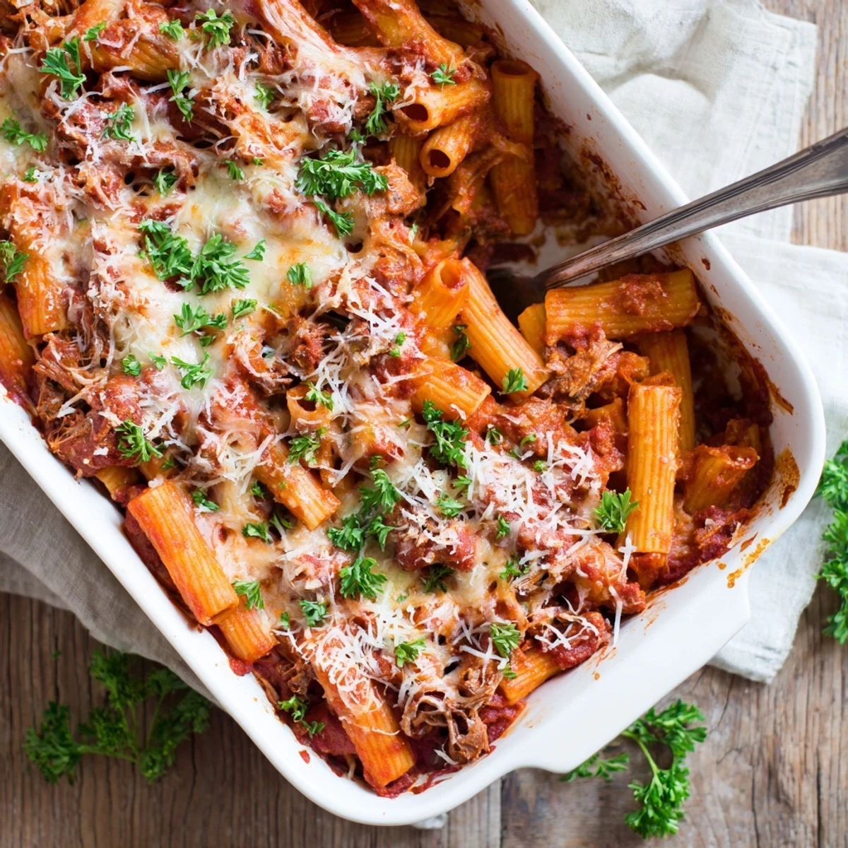 Golden cheesy chuck roast pasta bake with bubbling mozzarella and fresh parsley garnish