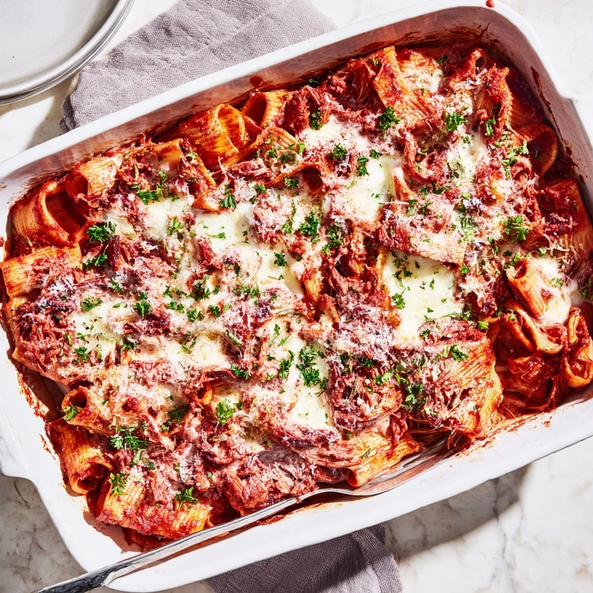 Bubbling chuck roast pasta bake topped with melted mozzarella and grated Parmesan cheese