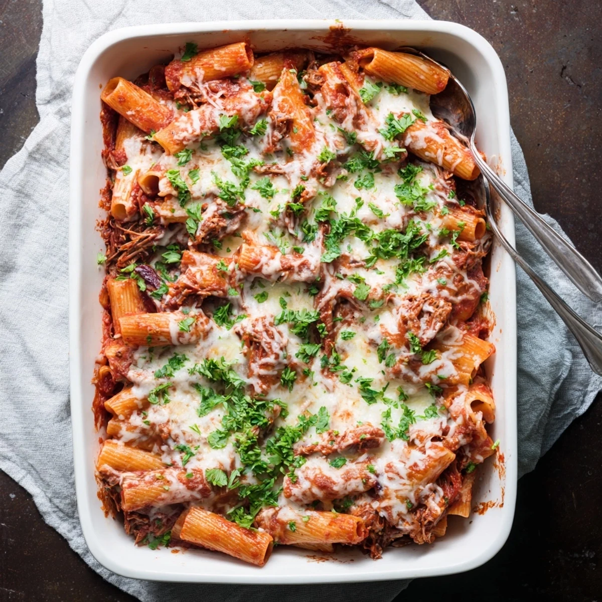 Hearty chuck roast pasta bake featuring tender beef shreds in rich tomato sauce layers