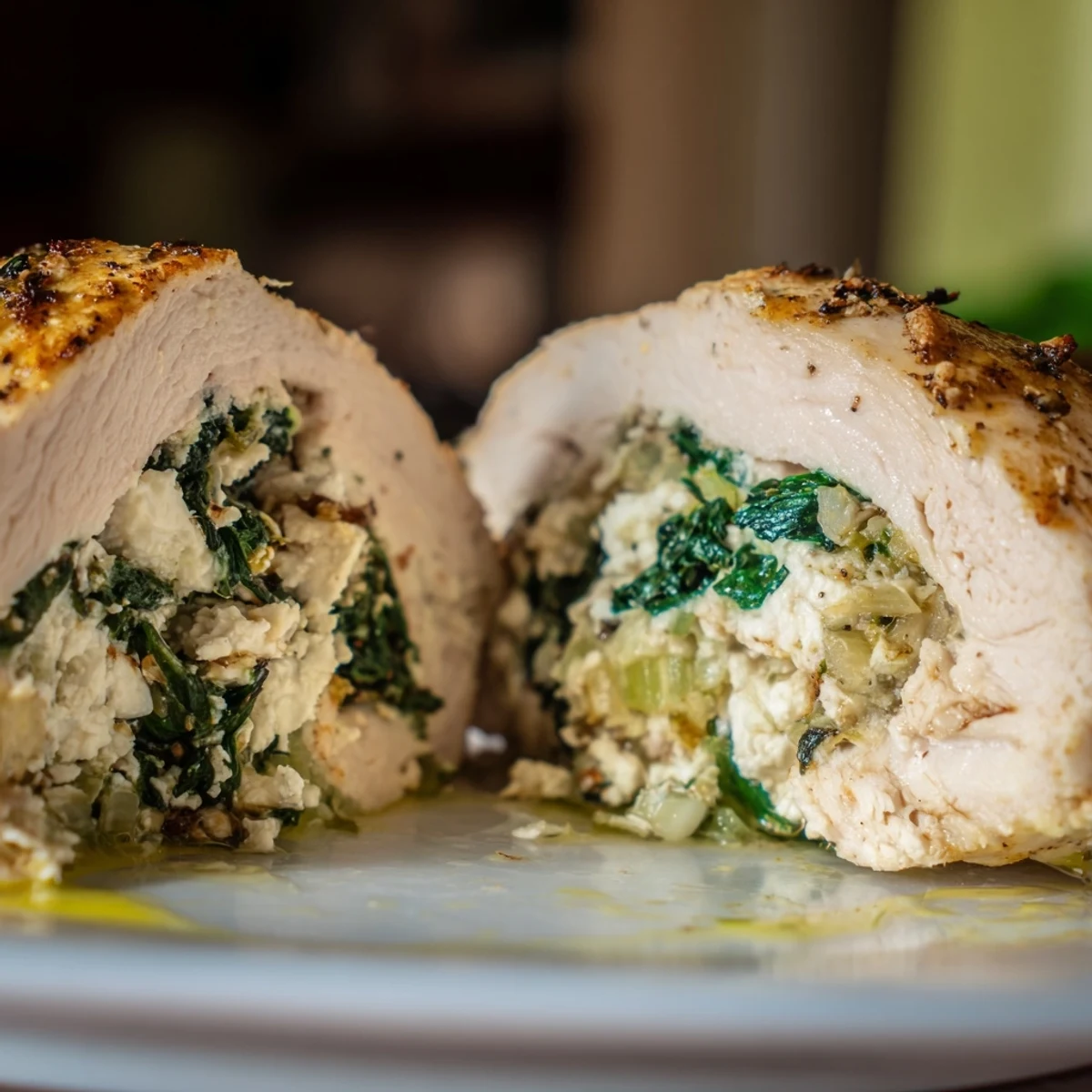 Golden baked chicken breast stuffed with creamy feta and fresh spinach