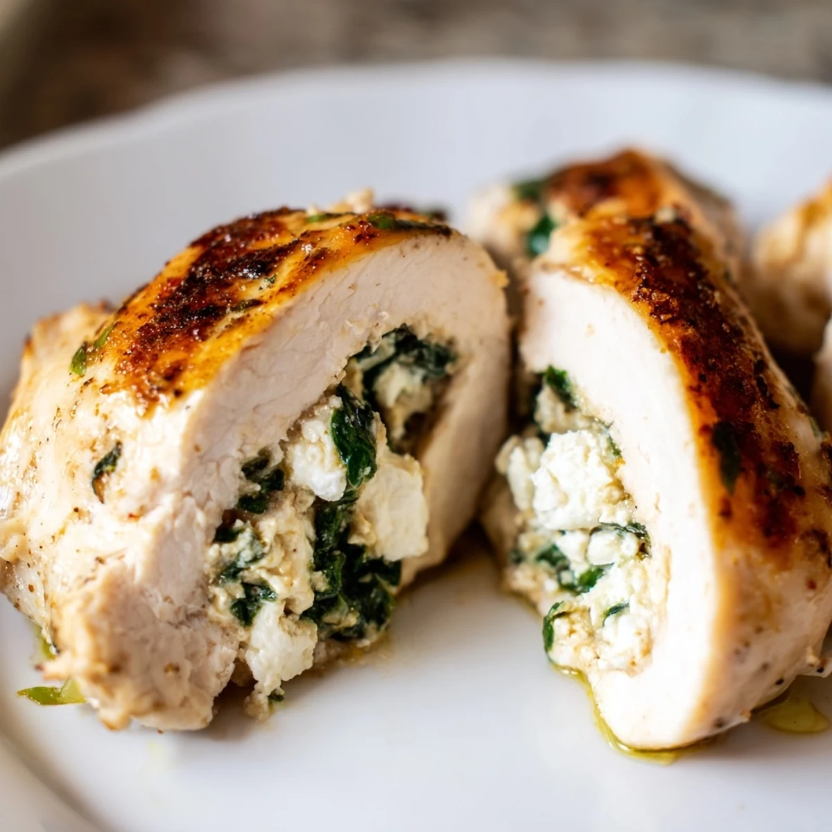 Juicy stuffed chicken breast with feta and spinach filling on white plate