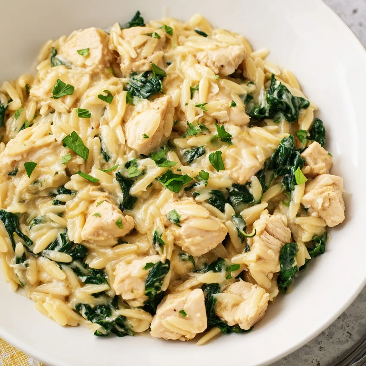 One-pan creamy orzo dish showcasing tender chicken and melted spicy cheese in a garlic butter sauce