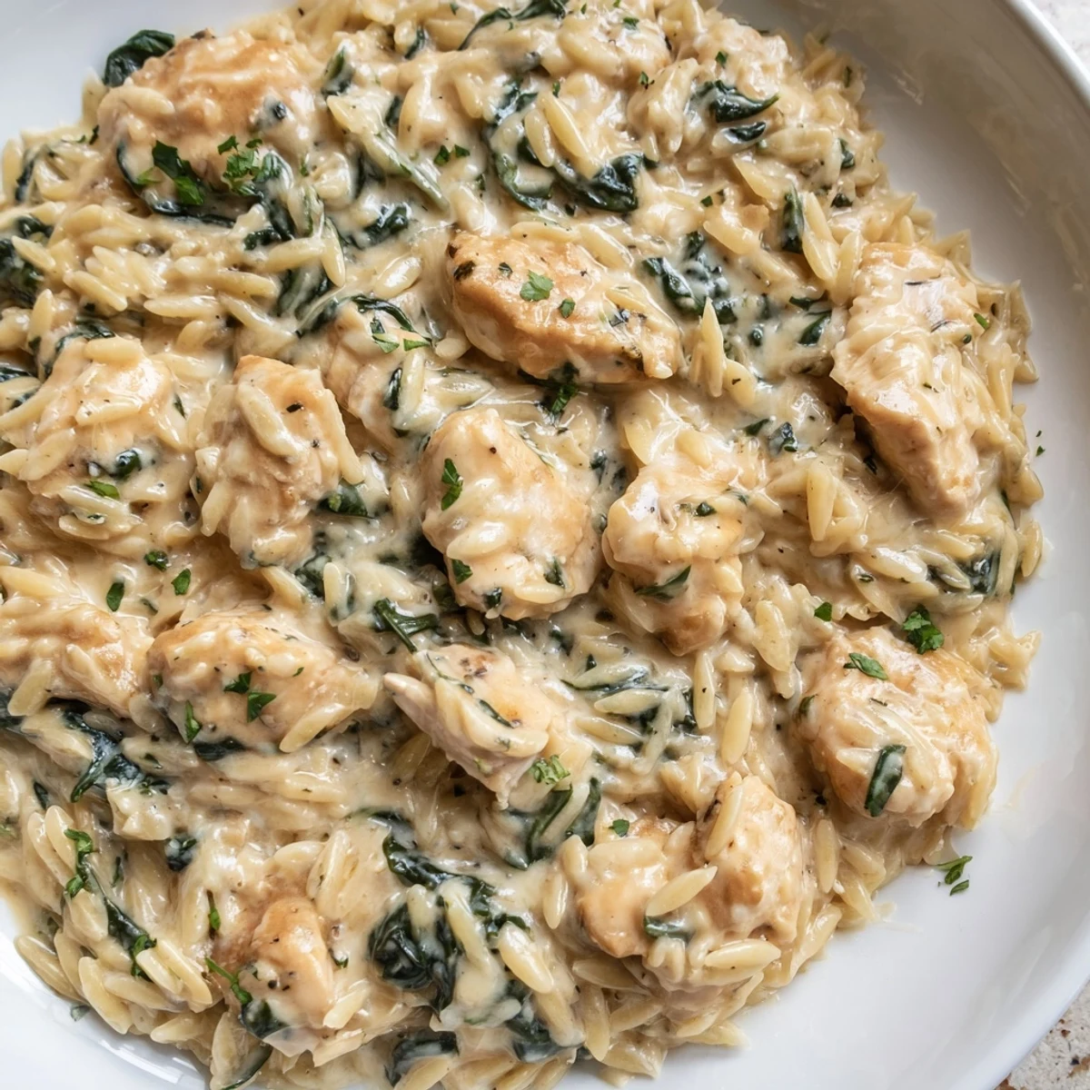 Close-up of rich and spicy Pepper Jack chicken orzo topped with fresh parsley and served with lemon