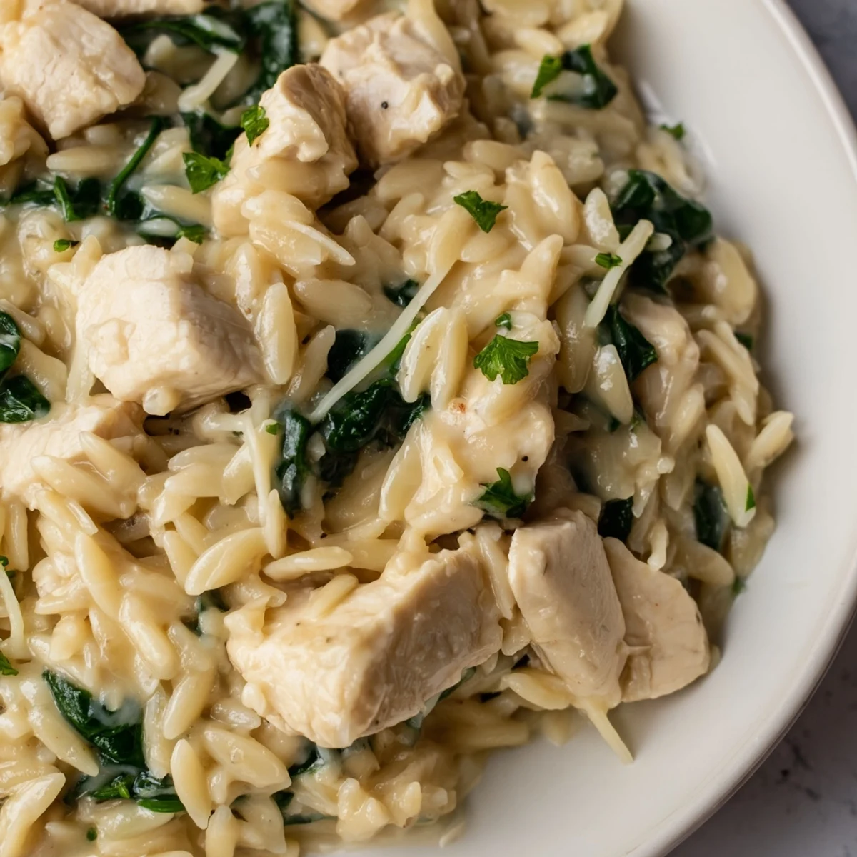 Golden chicken pieces nestled in creamy garlic butter Pepper Jack chicken orzo with wilted spinach