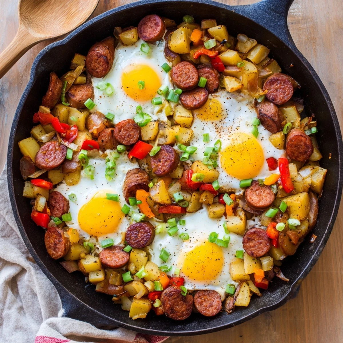 Golden Cajun beef sausage breakfast hash with crispy potatoes and perfectly cooked sunny-side up eggs in a cast iron skillet