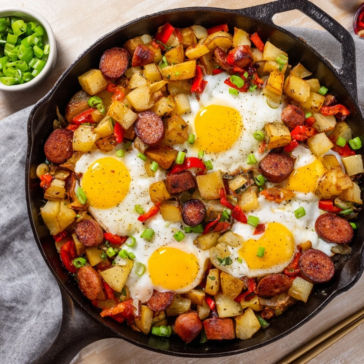 Sizzling Cajun sausage and potato breakfast hash topped with runny eggs and fresh green onions for a satisfying morning meal