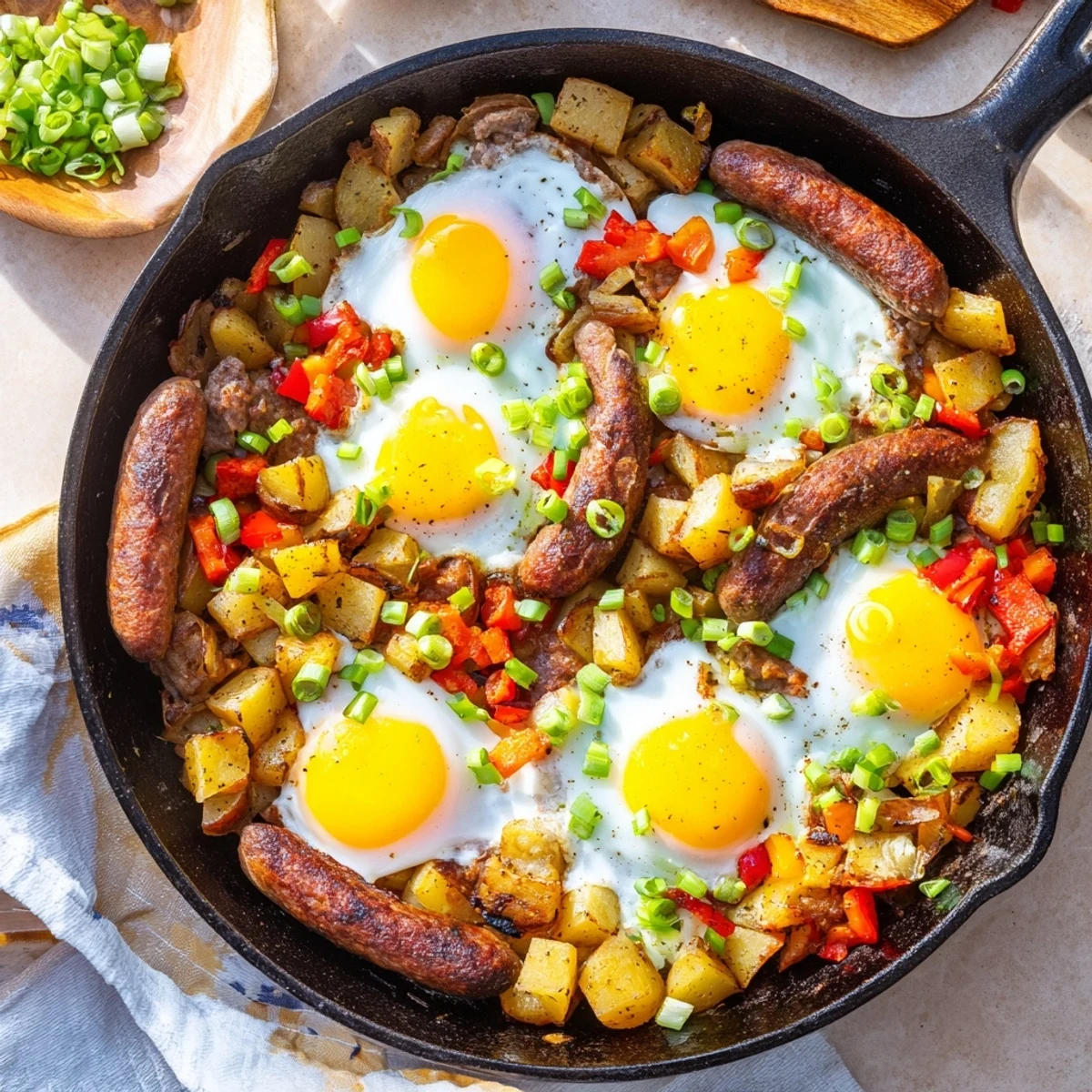 Hearty southern breakfast hash featuring spiced beef sausage, diced vegetables, and fried eggs nestled among golden brown potatoes