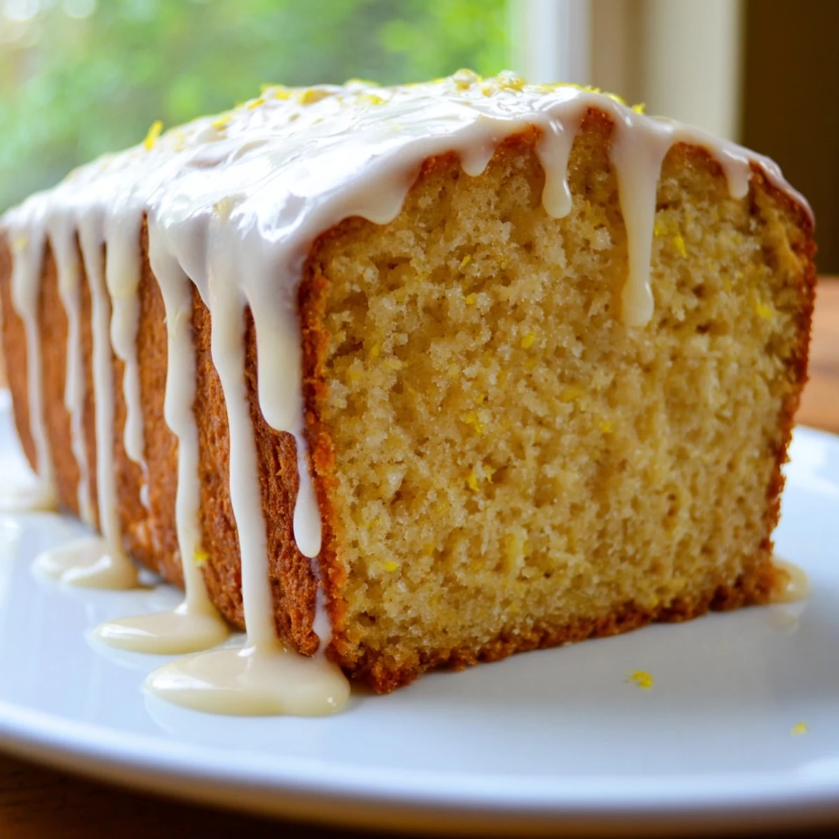 Freshly baked lemon Greek yogurt loaf cooling on wire rack with glaze dripping down