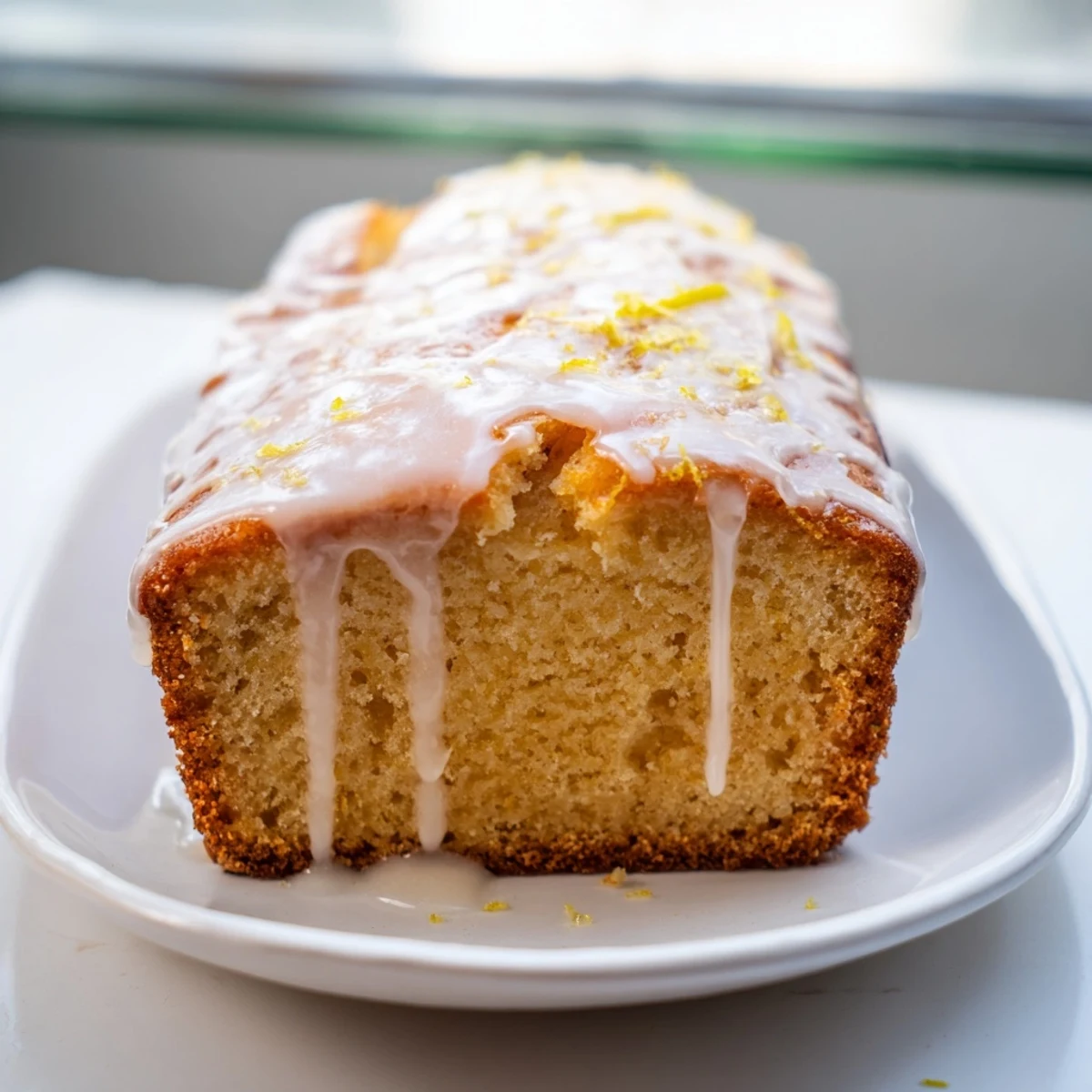 Moist lemon loaf cake slice topped with tangy Greek yogurt glaze and lemon zest