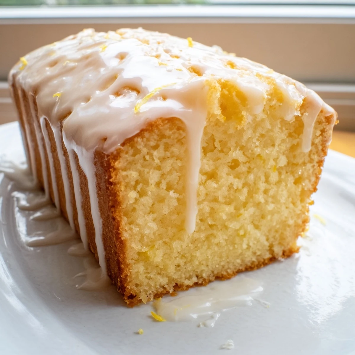 Golden Greek yogurt lemon loaf drizzled with white glaze on a wooden board