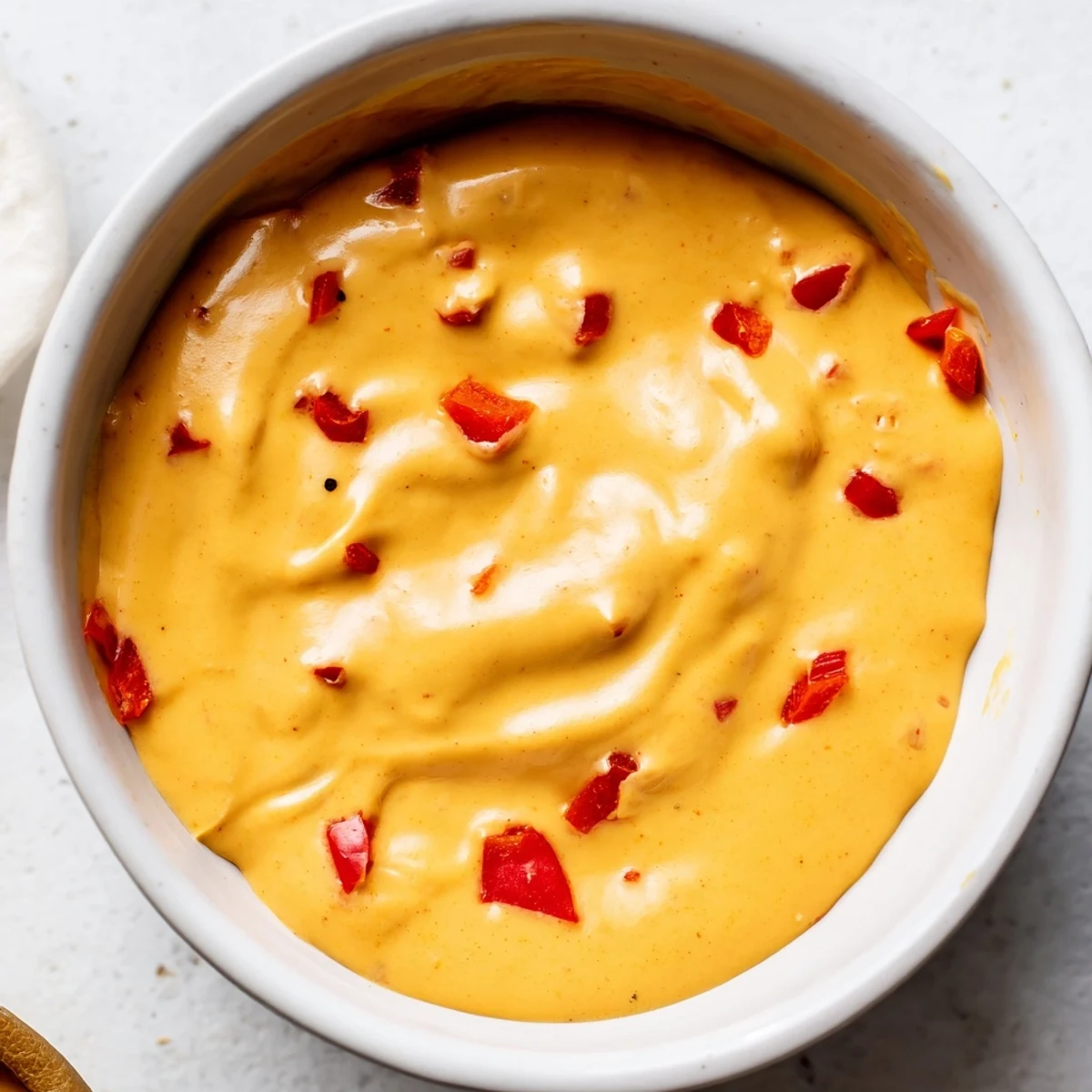 Creamy vegan nacho cashew cheese sauce drizzled generously over crispy tortilla chips with jalapeño garnish