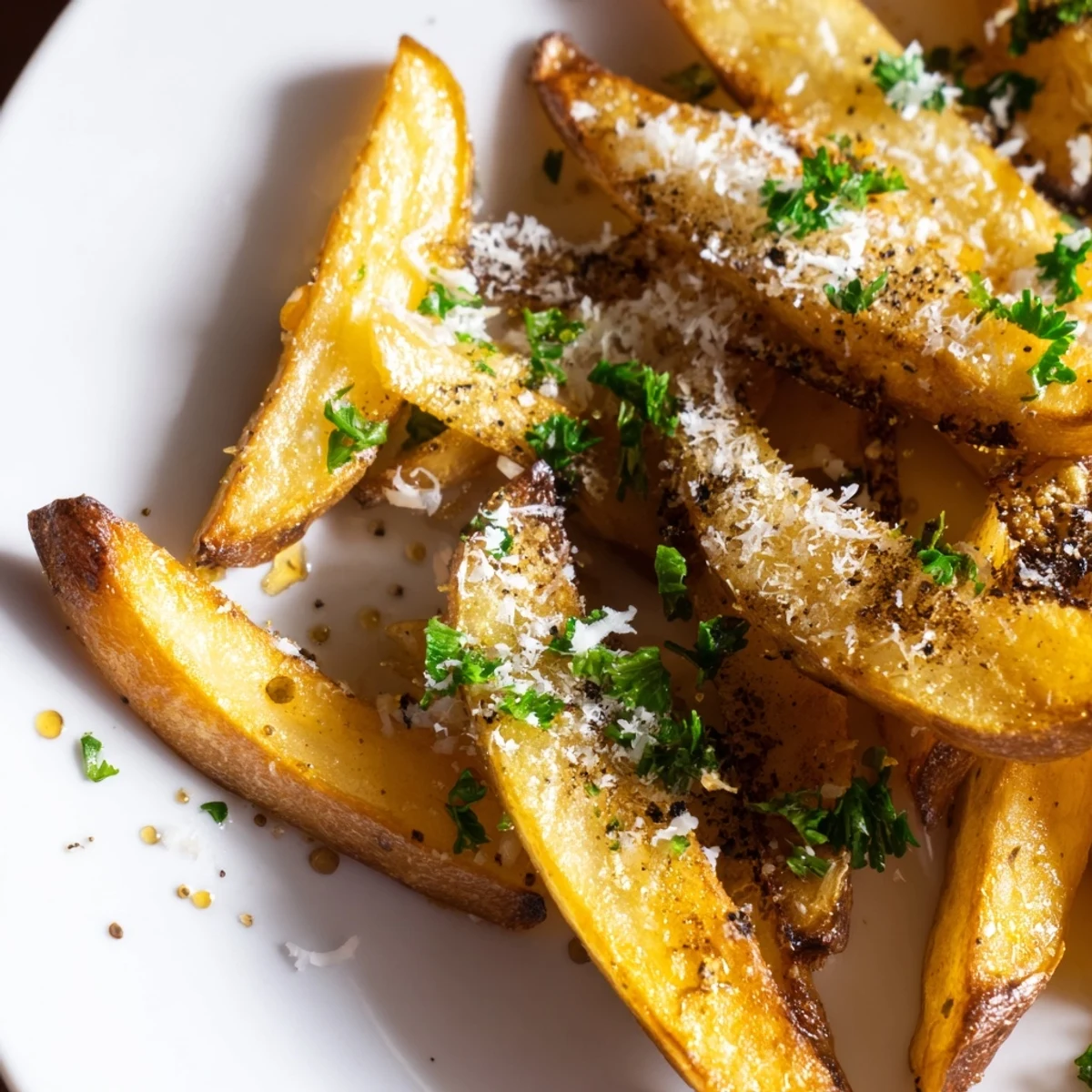 Golden homemade truffle fries topped with freshly grated Parmesan cheese and chopped parsley