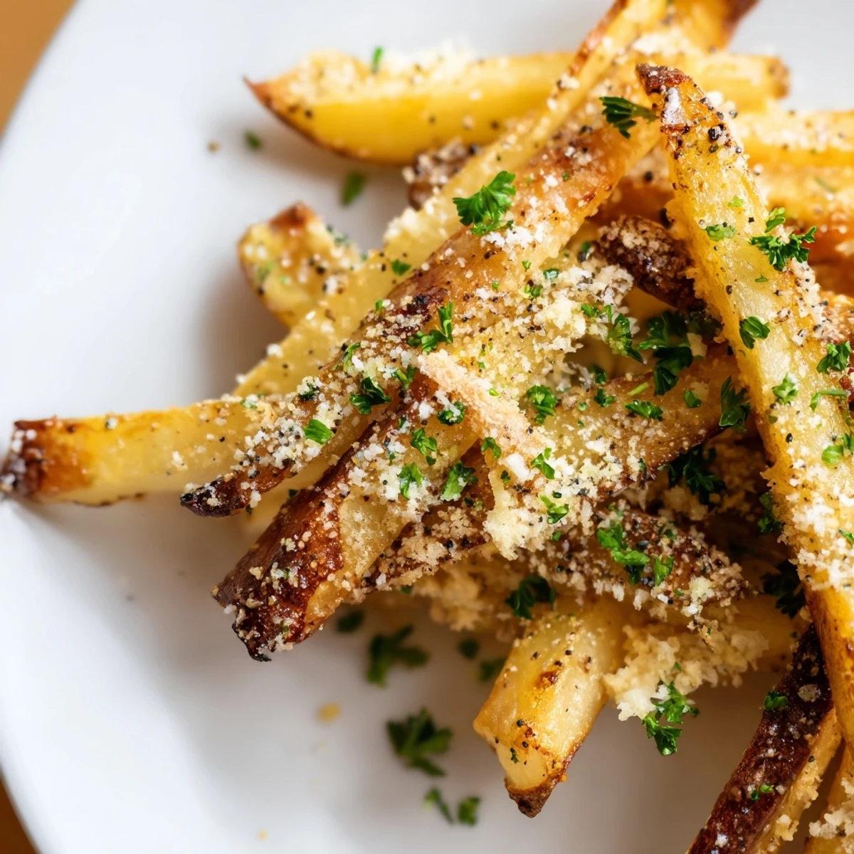 Steaming hot truffle fries sprinkled with Parmesan cheese and black pepper on a platter