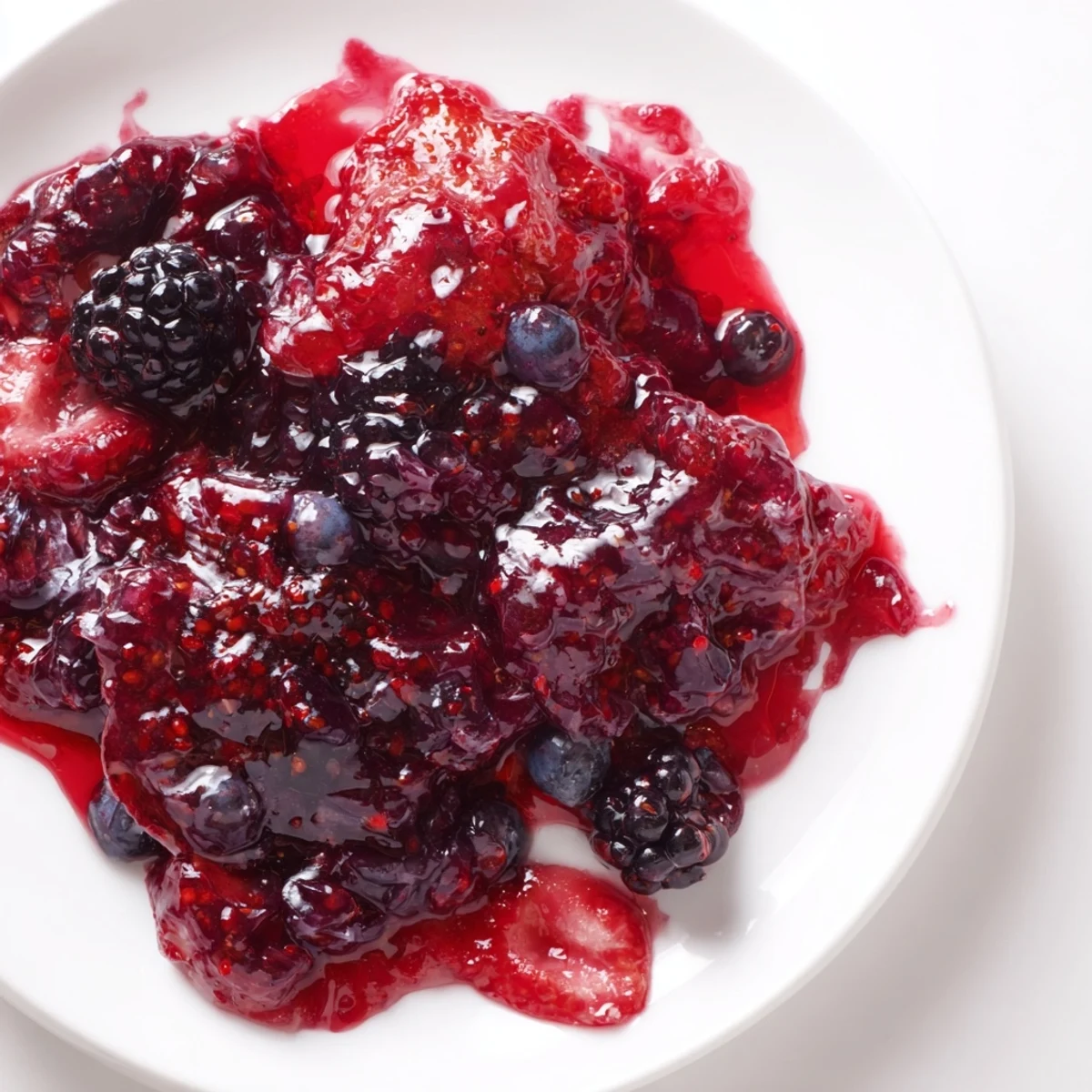 Glass jar filled with vibrant berry jam showcasing strawberries, rhubarb, and raspberries